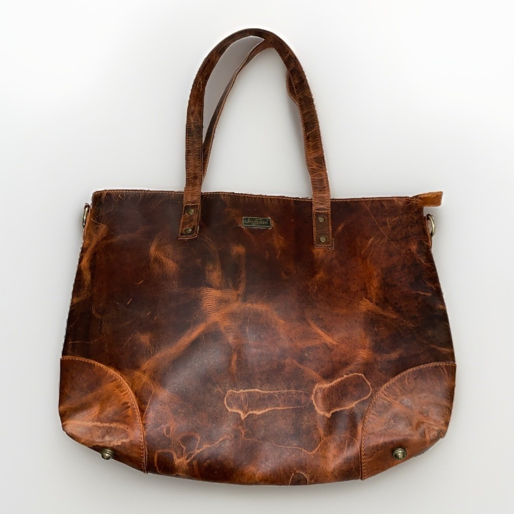 Sixtease Distressed Brown Leather Tote Shoulder Bag Rustic Boho Large